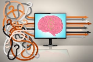 A tangle of lines goes through a computer screen with a brain and dollar sign on the monitor, coming out of the monitor in all straight lines.