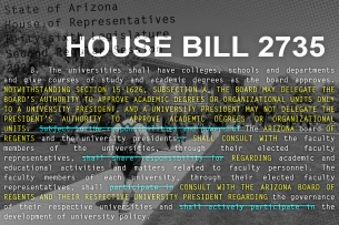 A photo illustration with a section of House Bill 2735 overlaying a photo of the University of Arizona’s campus.