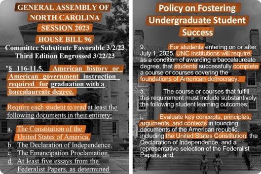 A photo illustration comparing North Carolina’s proposed REACH Act with the University of North Carolina System’s new policy.