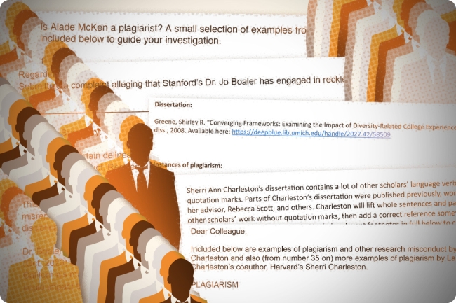 A photo illustration of silhouettes of men transposed over snippets of anonymous complaints against scholars and diversity, equity and inclusion officials. 