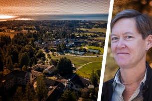 A aerial shot of UC Santa Cruz's campus next to a headshot image of Jody Greene