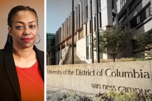 Combination photo of Ruthie (Teri) Little-Berry, chief student development and success officer and the University of the District of Columbia, Van Ness campus sign on a sunny day