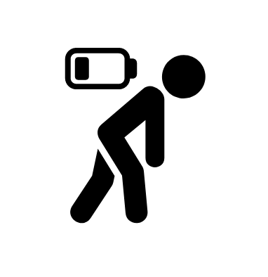 A line drawing of a person, hunched over and walking, as if exhausted. The inclusion of a "low battery" icon in the drawing drives the exhaustion point home.